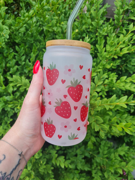 Strawberry and Floral 16oz Glass Can