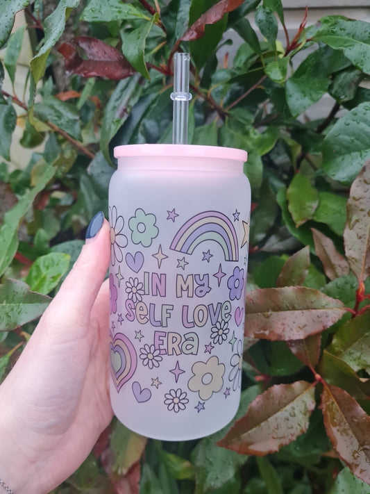 In My Self Love Era 16oz Frosted Glass Can with Pink Lid