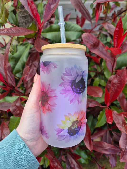 Colourful Sunflower Printed Frosted Glass | 16oz Libbey Glass | Floral | Summer Vibes | Drinkware | Glassware