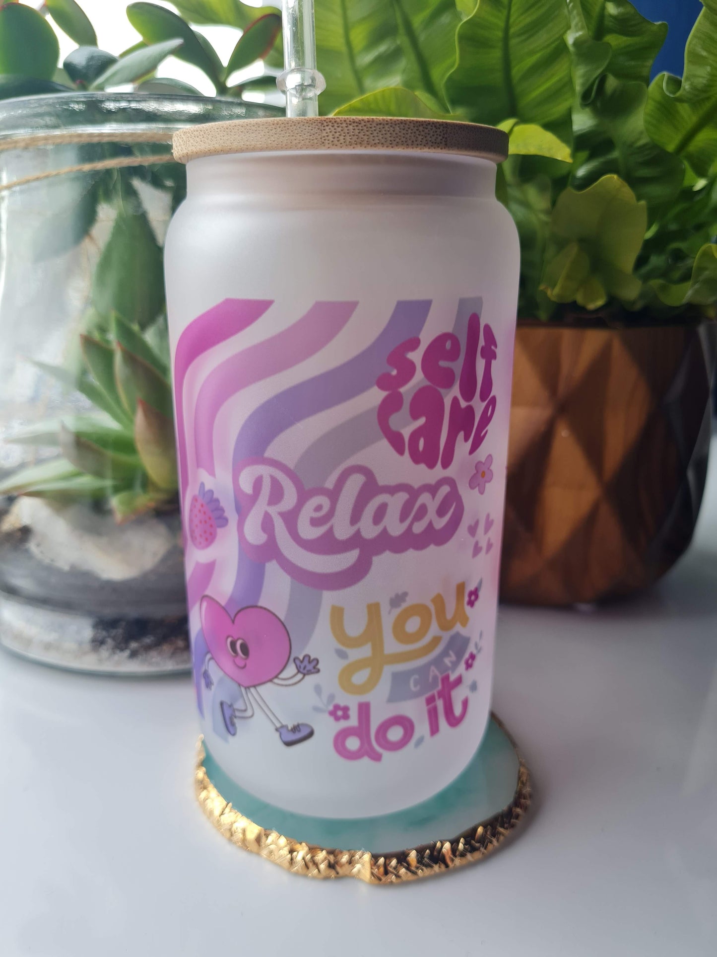 Self Care Frosted 16oz Glass Can