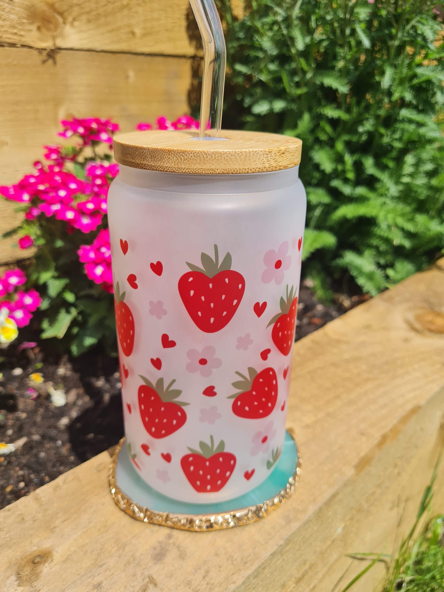 Strawberry and Floral 16oz Glass Can