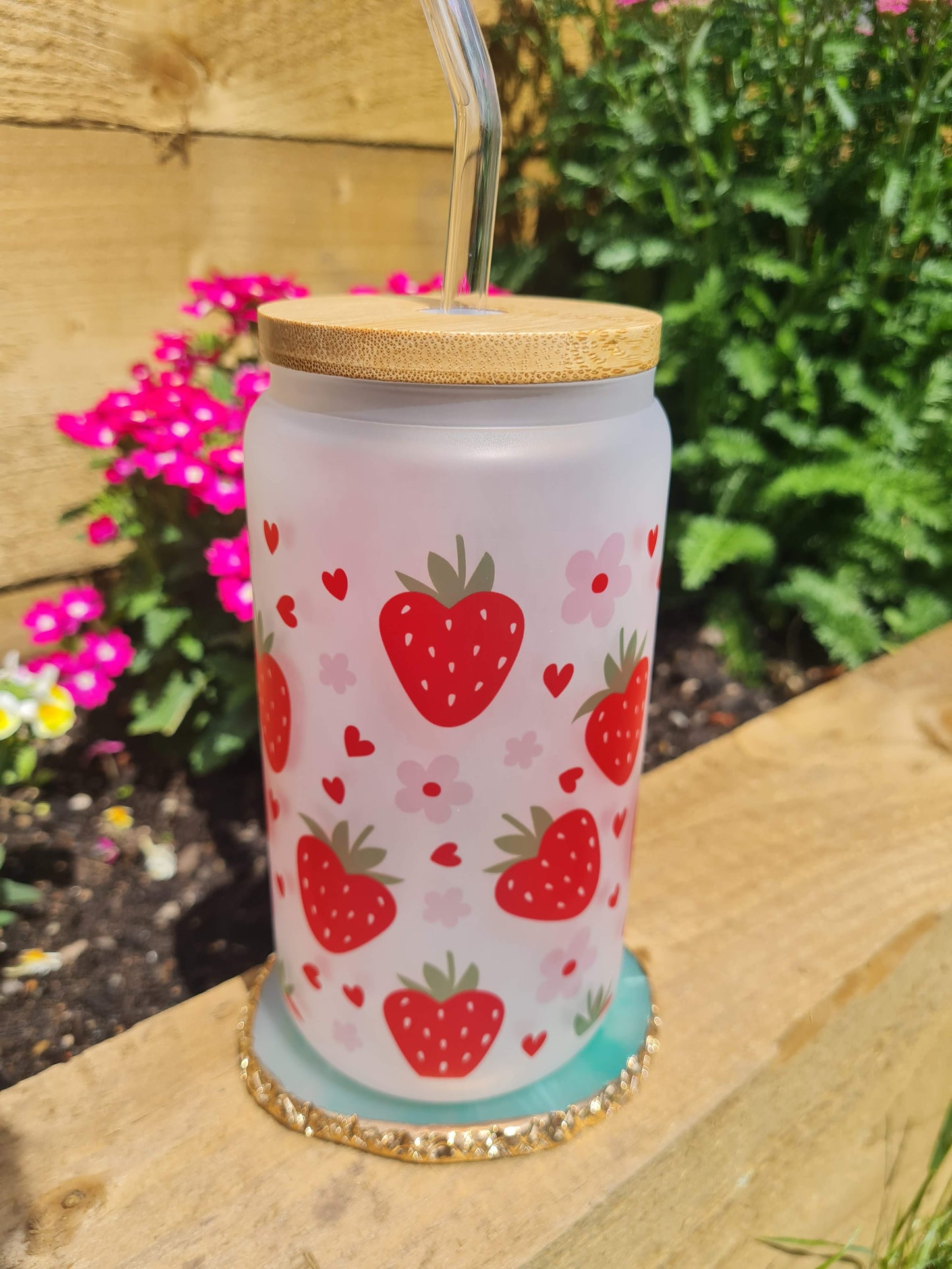 Strawberry and Floral 16oz Glass Can