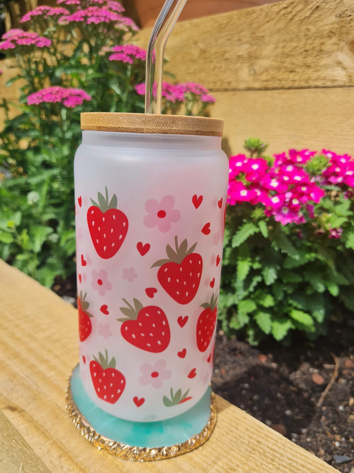 Strawberry and Floral 16oz Glass Can