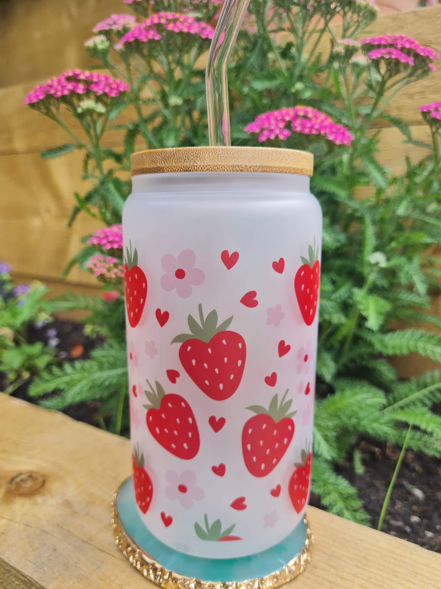 Strawberry and Floral 16oz Glass Can