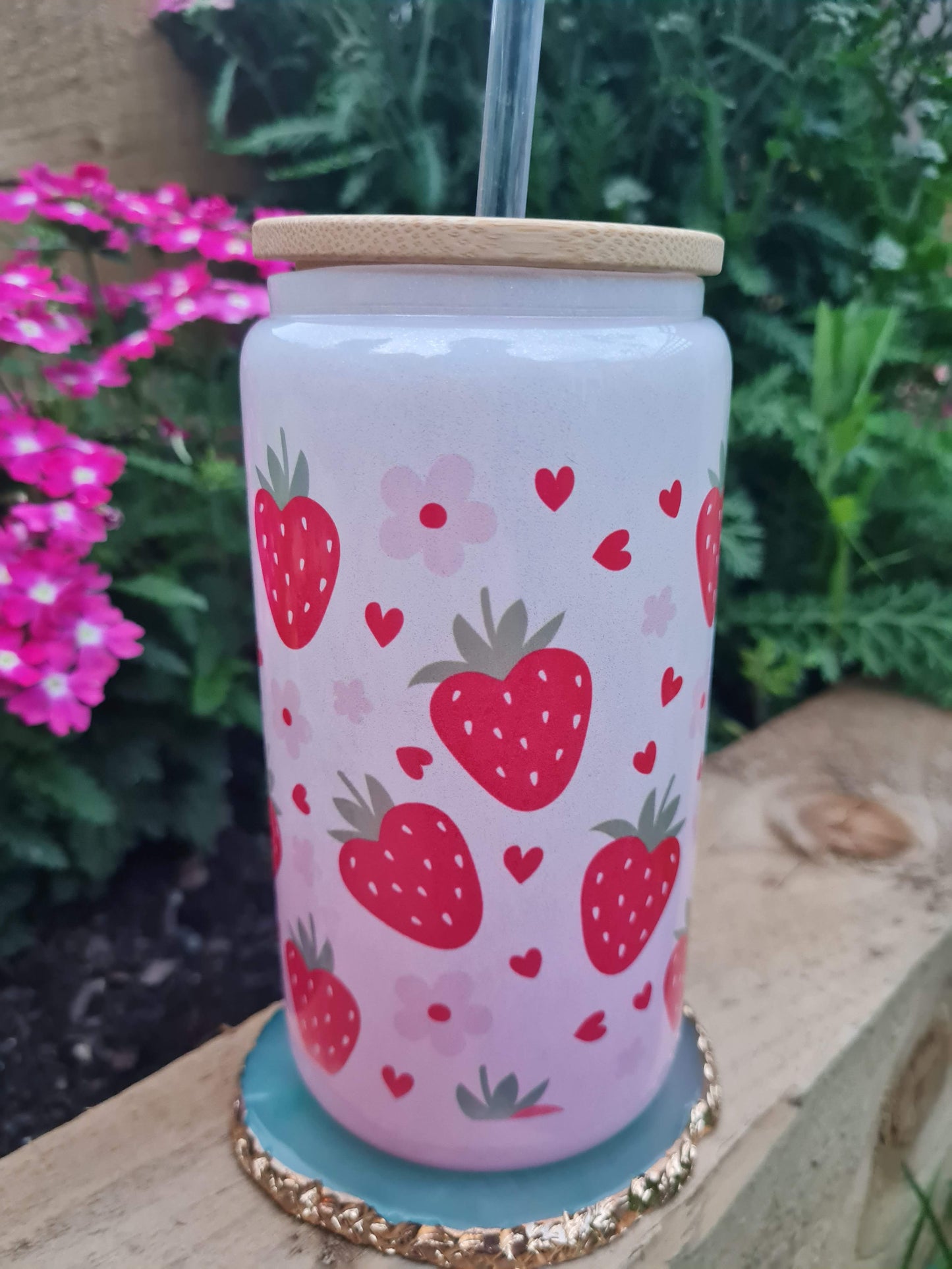 Strawberry and Floral 16oz Glass Can