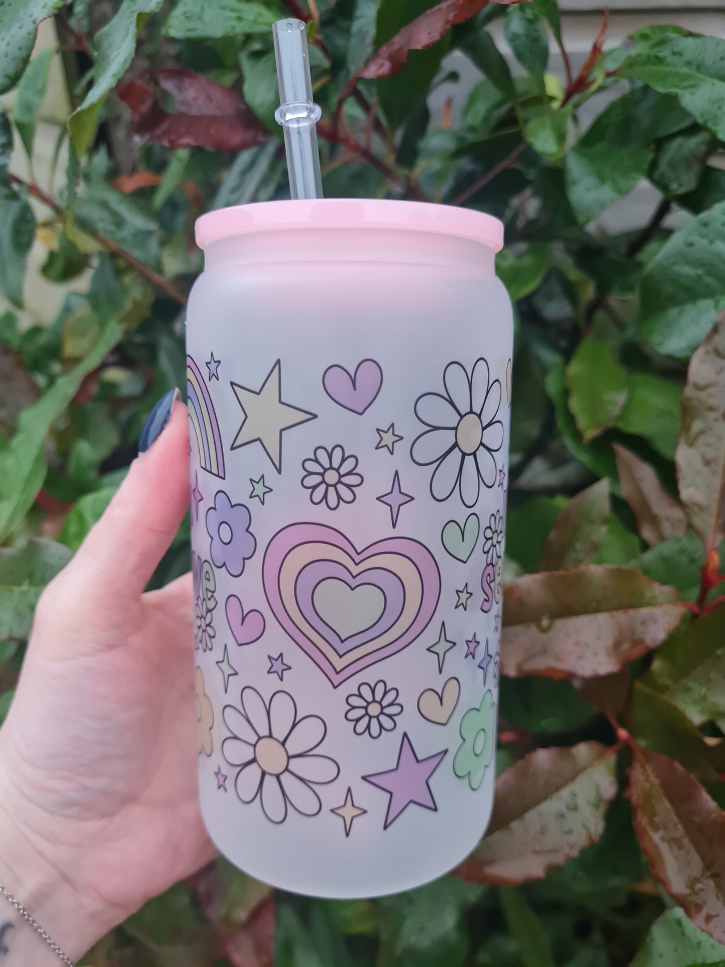 In My Self Love Era 16oz Frosted Glass Can with Pink Lid