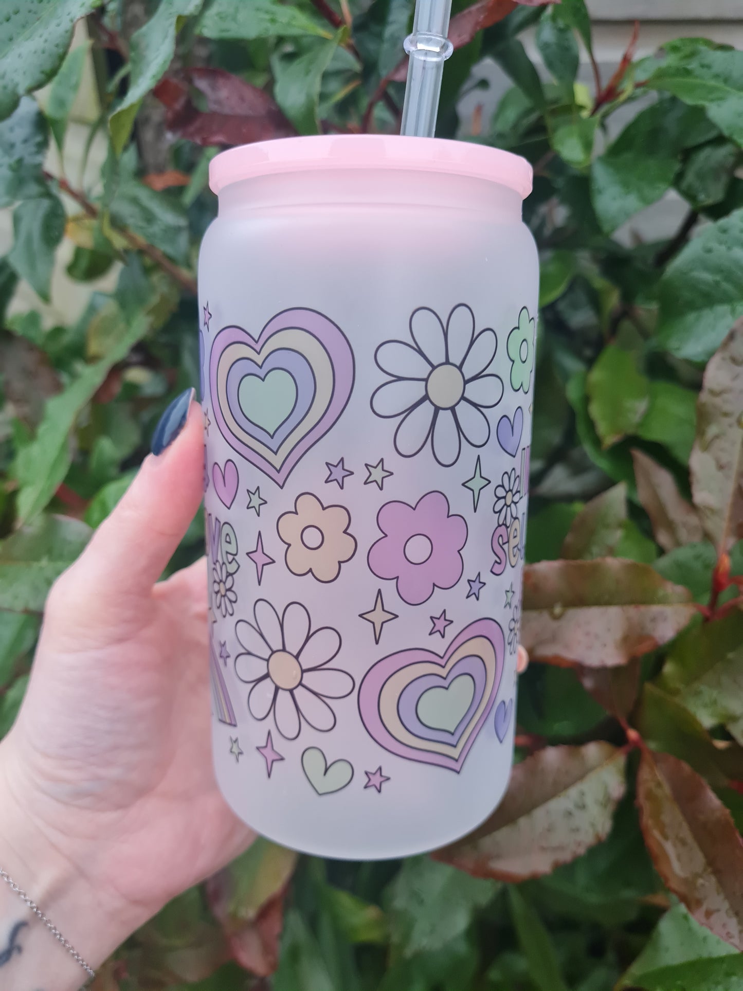 In My Self Love Era 16oz Frosted Glass Can with Pink Lid