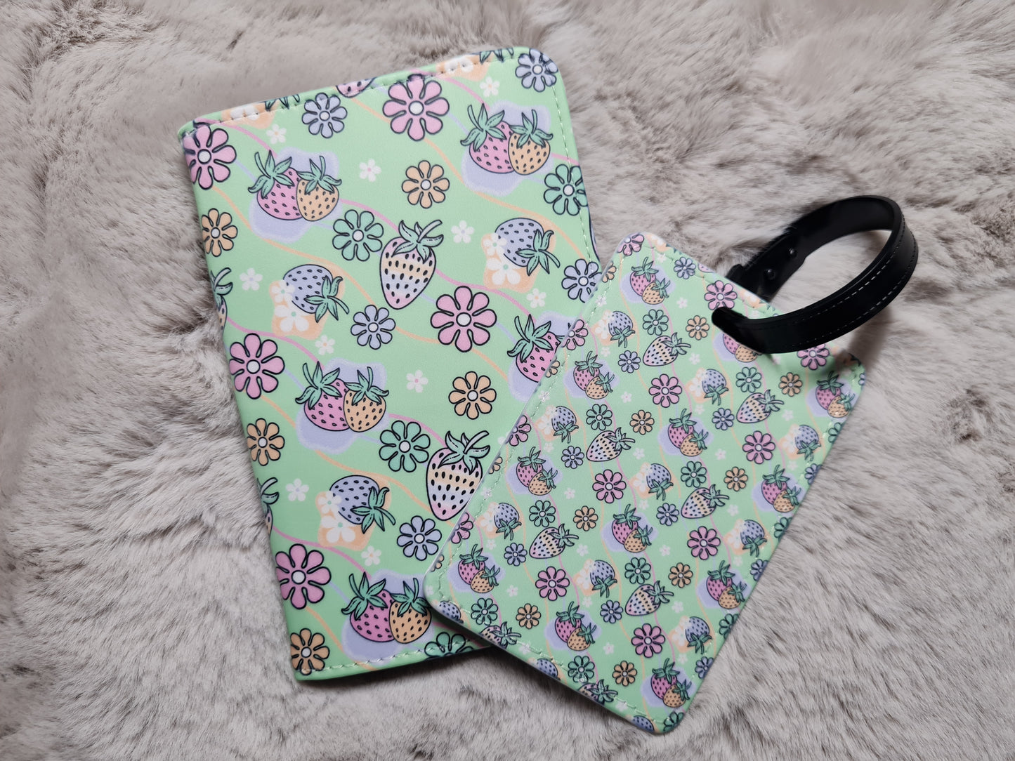 Pastel Strawberries & Daisies Luggage Tag and Passport Cover