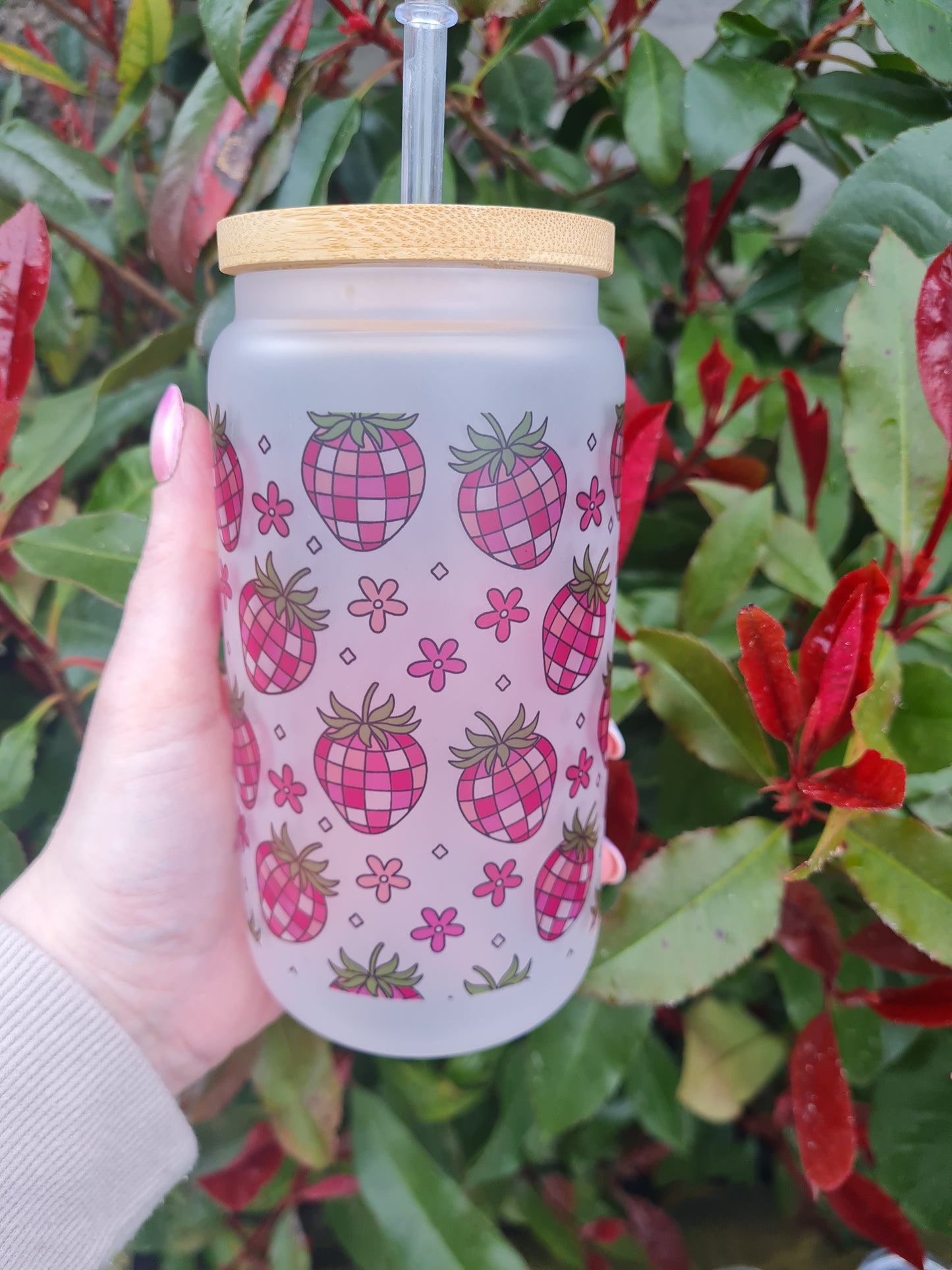 Disco Strawberry 16oz Glass Can