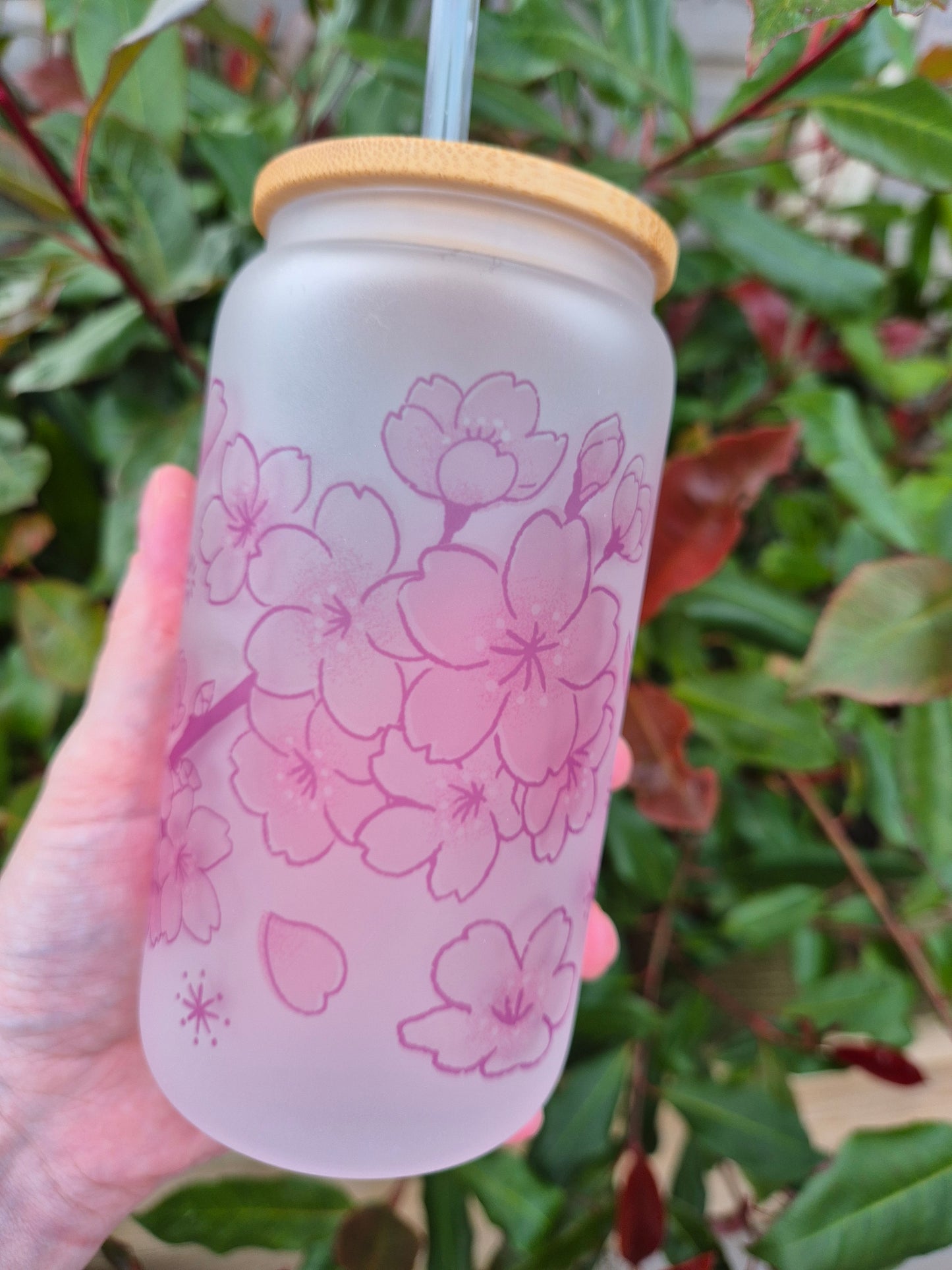 Cherry Blossom Sakura 16oz Glass Can